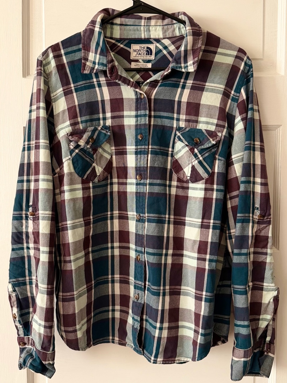 The North Face Men's Teal & Burgundy Plaid Flannel Shirt